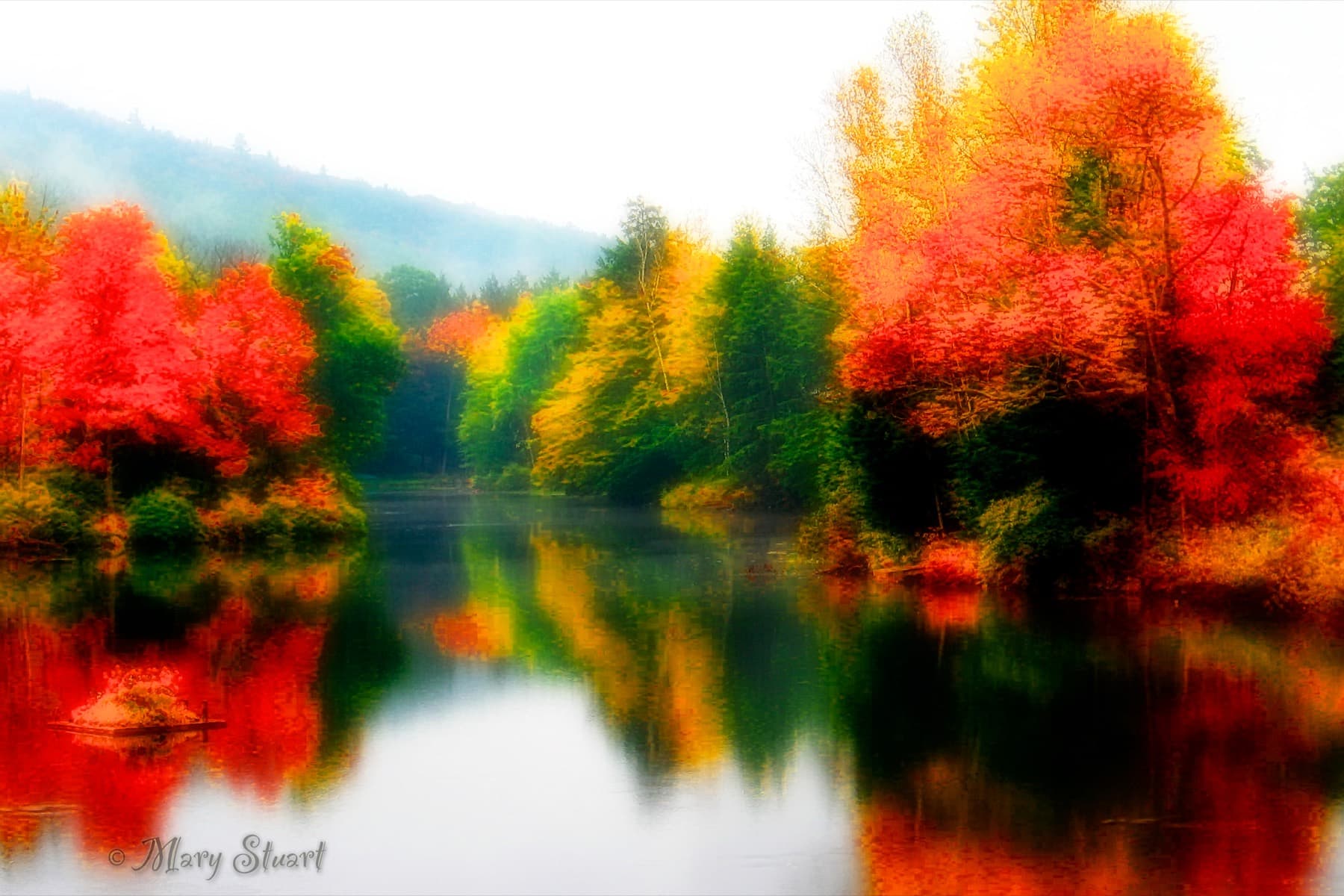 Abstracted autumn lake landscape